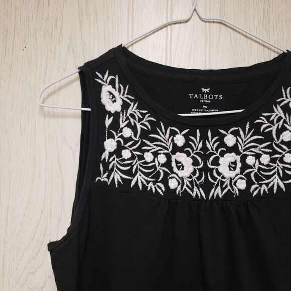 Talbots Black Floral Embroidered Tank Top Cotton Size MP - Picture 3 of 4
